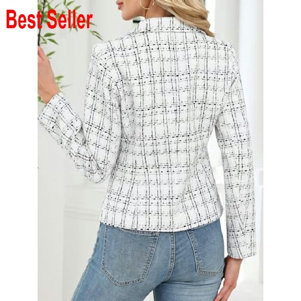 Tweed Blazer Slim Fit Business Casual Jacket Classic Elegant Work Wear - Picture 4 of 8
